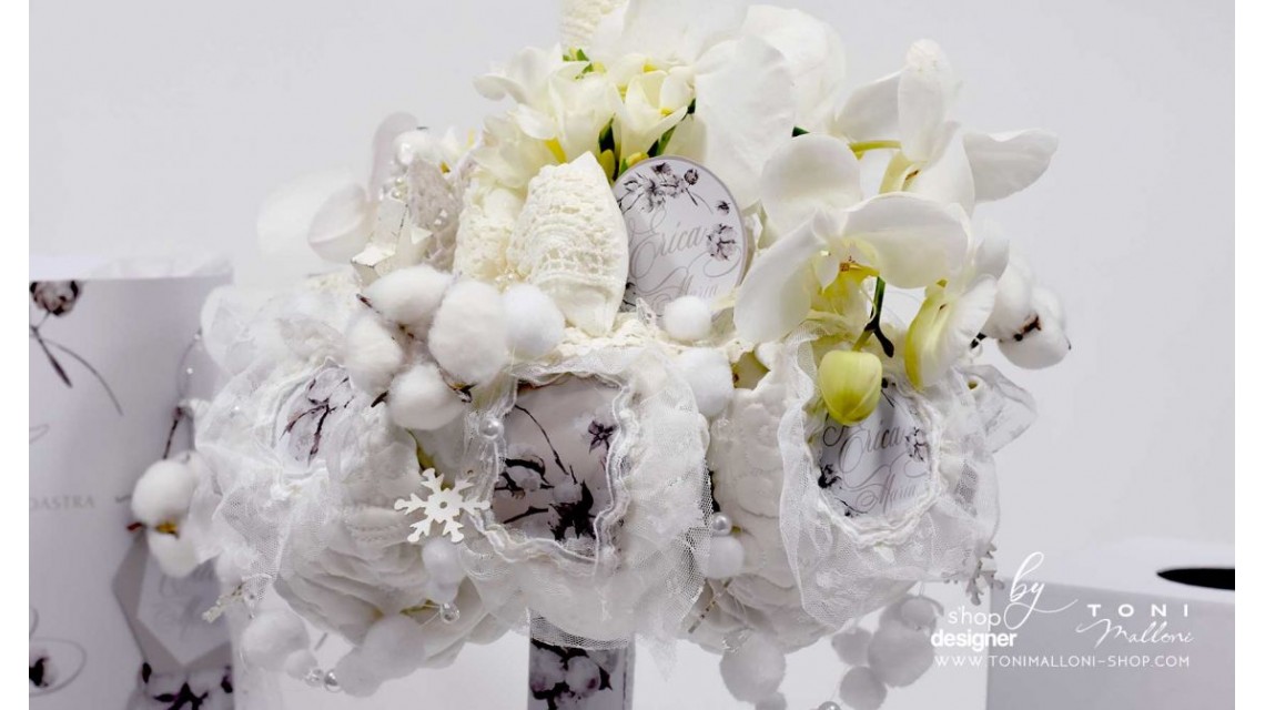 Lumanare de botez alba personalizata cu orhidee phaleonopsis dantela si flori de bumbac 7